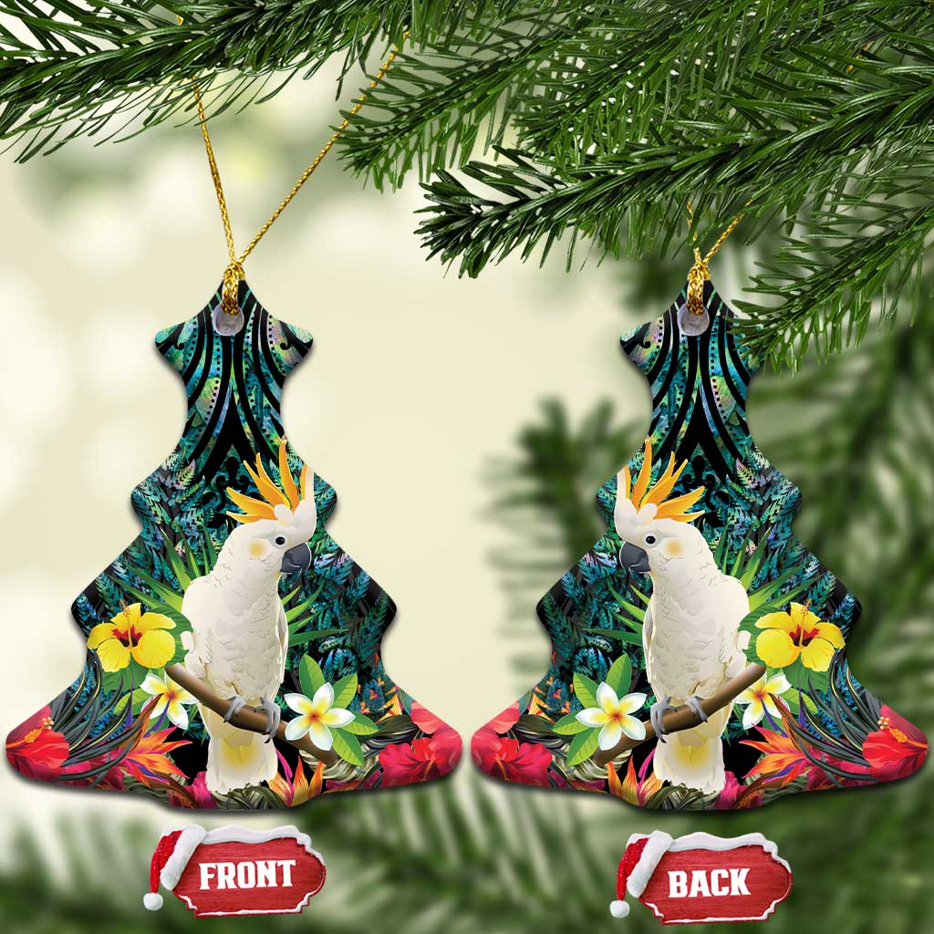 Sulphur-crested Cockatoo New Zealand Ceramic Ornament Paua Shell Aotearoa Maori Tropical Flowers - Polynesian Pride