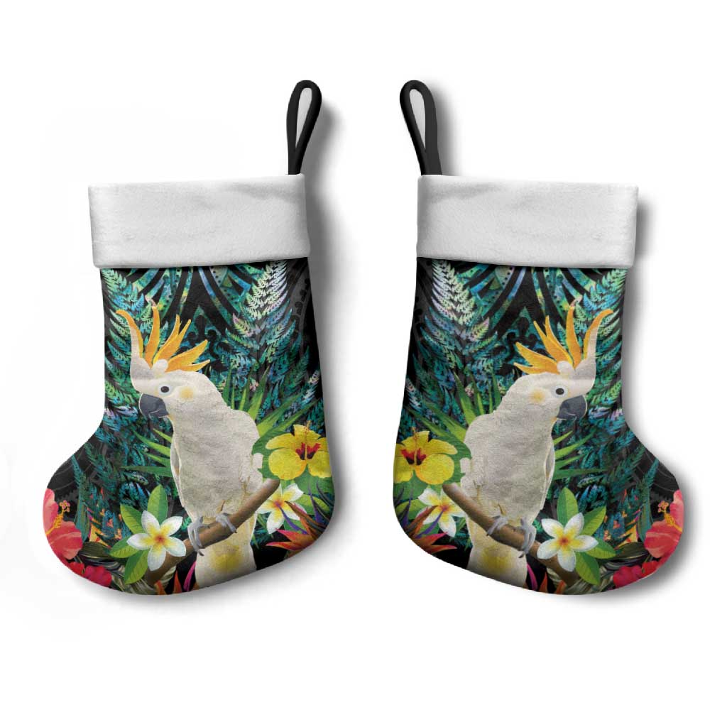 Sulphur-crested Cockatoo New Zealand Christmas Stocking Paua Shell Aotearoa Maori Tropical Flowers - Polynesian Pride