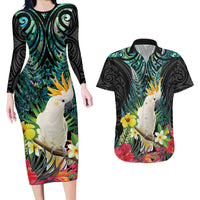 Sulphur-crested Cockatoo New Zealand Couples Matching Long Sleeve Bodycon Dress and Hawaiian Shirt Paua Shell Aotearoa Maori Tropical Flowers - Polynesian Pride