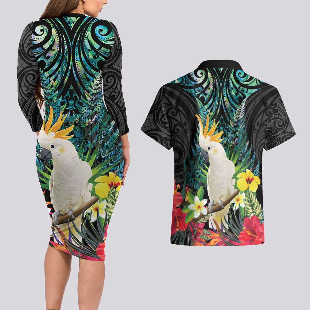 Sulphur-crested Cockatoo New Zealand Couples Matching Long Sleeve Bodycon Dress and Hawaiian Shirt Paua Shell Aotearoa Maori Tropical Flowers - Polynesian Pride