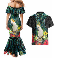 Sulphur-crested Cockatoo New Zealand Couples Matching Mermaid Dress and Hawaiian Shirt Paua Shell Aotearoa Maori Tropical Flowers - Polynesian Pride