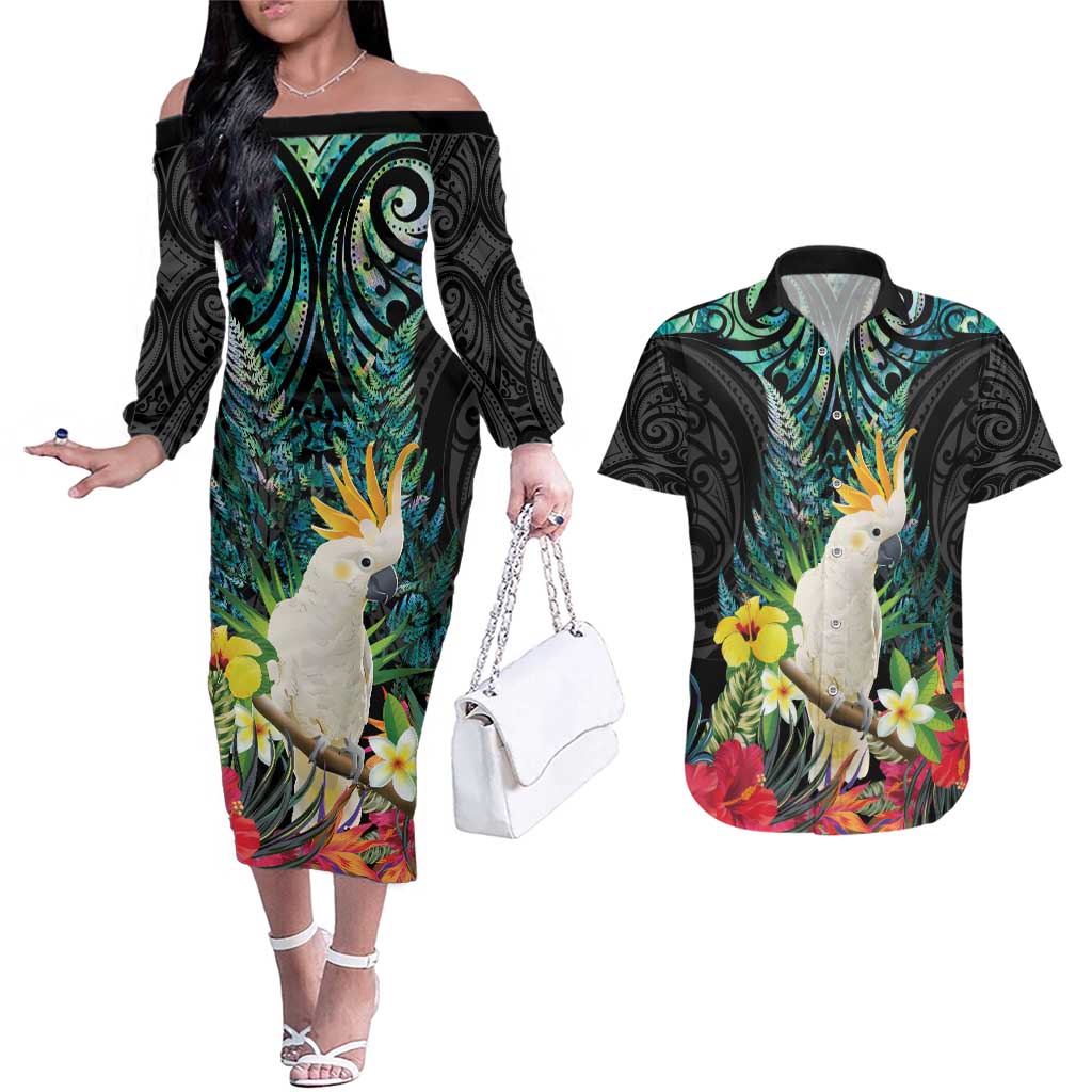Sulphur-crested Cockatoo New Zealand Couples Matching Off The Shoulder Long Sleeve Dress and Hawaiian Shirt Paua Shell Aotearoa Maori Tropical Flowers - Polynesian Pride
