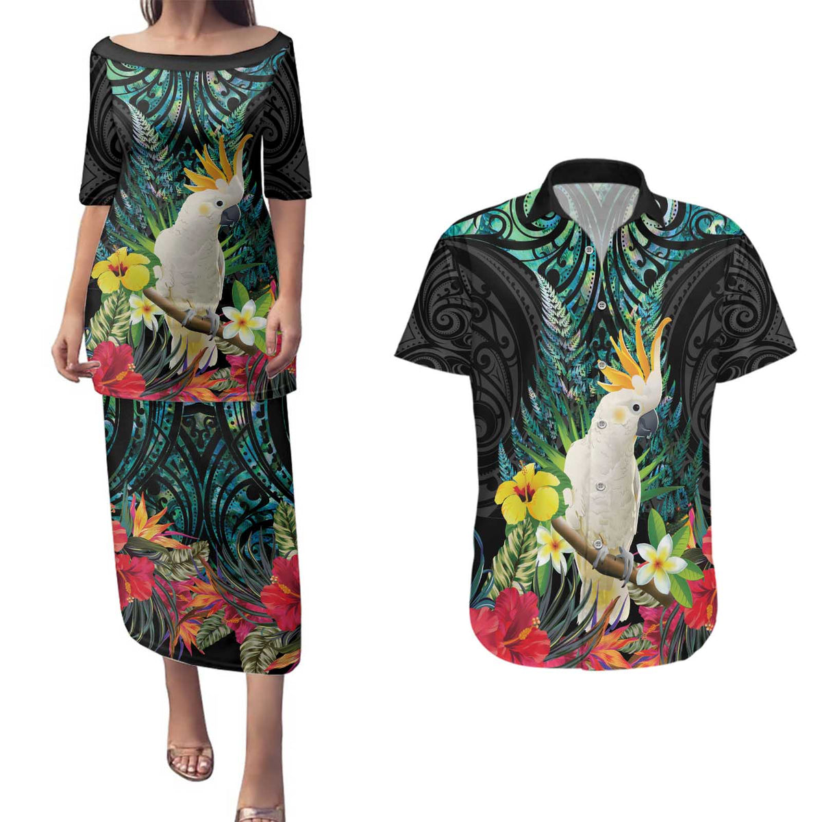 Sulphur-crested Cockatoo New Zealand Couples Matching Puletasi and Hawaiian Shirt Paua Shell Aotearoa Maori Tropical Flowers - Polynesian Pride