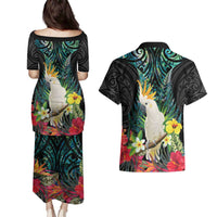 Sulphur-crested Cockatoo New Zealand Couples Matching Puletasi and Hawaiian Shirt Paua Shell Aotearoa Maori Tropical Flowers - Polynesian Pride