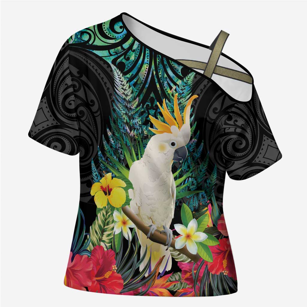 Sulphur-crested Cockatoo New Zealand Cross Shoulder Shirt Paua Shell Aotearoa Maori Tropical Flowers - Polynesian Pride
