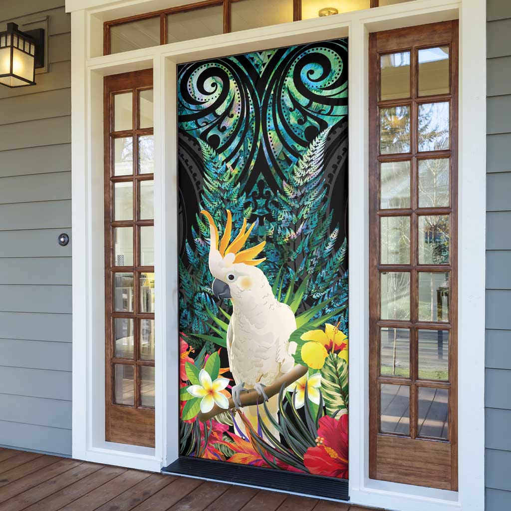 Sulphur-crested Cockatoo New Zealand Door Cover Paua Shell Aotearoa Maori Tropical Flowers - Polynesian Pride