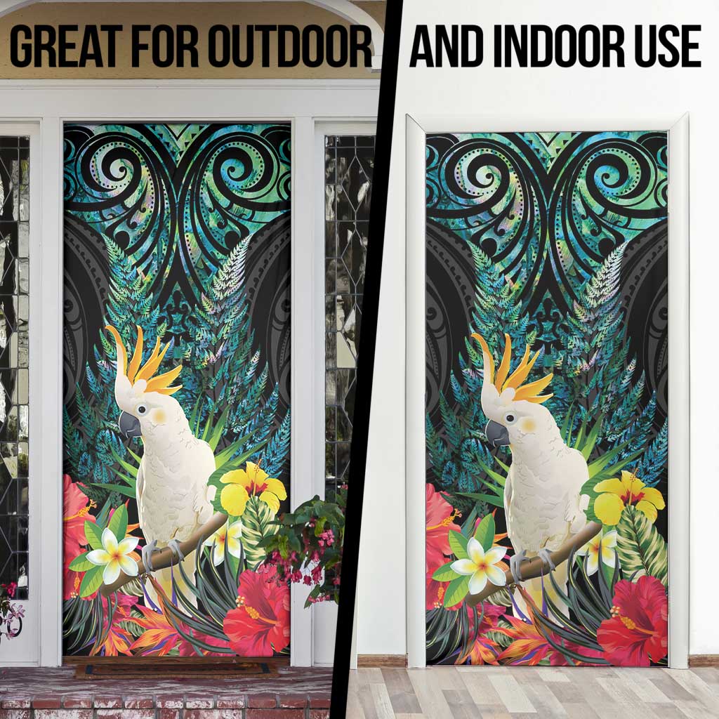Sulphur-crested Cockatoo New Zealand Door Cover Paua Shell Aotearoa Maori Tropical Flowers - Polynesian Pride
