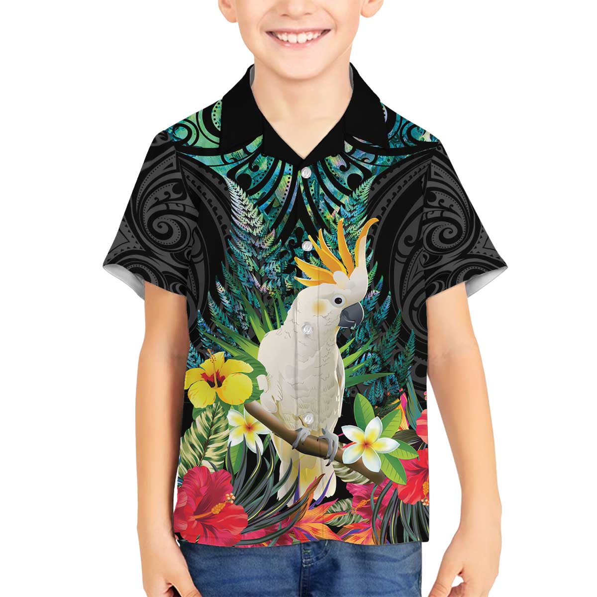 Sulphur-crested Cockatoo New Zealand Family Matching Off The Shoulder Long Sleeve Dress and Hawaiian Shirt Paua Shell Aotearoa Maori Tropical Flowers - Polynesian Pride