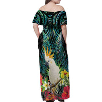 Sulphur-crested Cockatoo New Zealand Family Matching Off Shoulder Maxi Dress and Hawaiian Shirt Paua Shell Aotearoa Maori Tropical Flowers - Polynesian Pride