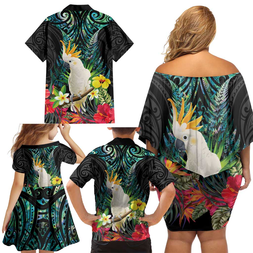 Sulphur-crested Cockatoo New Zealand Family Matching Off Shoulder Short Dress and Hawaiian Shirt Paua Shell Aotearoa Maori Tropical Flowers - Polynesian Pride