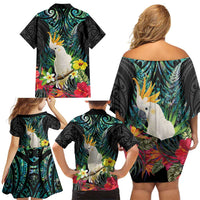 Sulphur-crested Cockatoo New Zealand Family Matching Off Shoulder Short Dress and Hawaiian Shirt Paua Shell Aotearoa Maori Tropical Flowers - Polynesian Pride