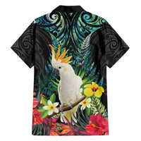 Sulphur-crested Cockatoo New Zealand Family Matching Off Shoulder Short Dress and Hawaiian Shirt Paua Shell Aotearoa Maori Tropical Flowers - Polynesian Pride