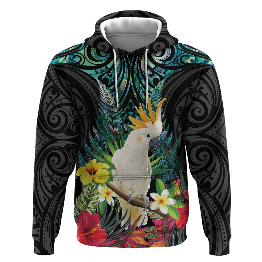 Sulphur-crested Cockatoo New Zealand Hoodie Paua Shell Aotearoa Maori Tropical Flowers - Polynesian Pride
