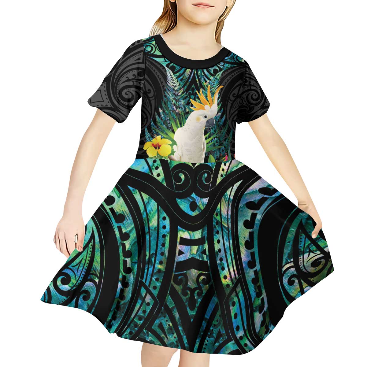 Sulphur-crested Cockatoo New Zealand Kid Short Sleeve Dress Paua Shell Aotearoa Maori Tropical Flowers - Polynesian Pride