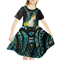 Sulphur-crested Cockatoo New Zealand Kid Short Sleeve Dress Paua Shell Aotearoa Maori Tropical Flowers - Polynesian Pride