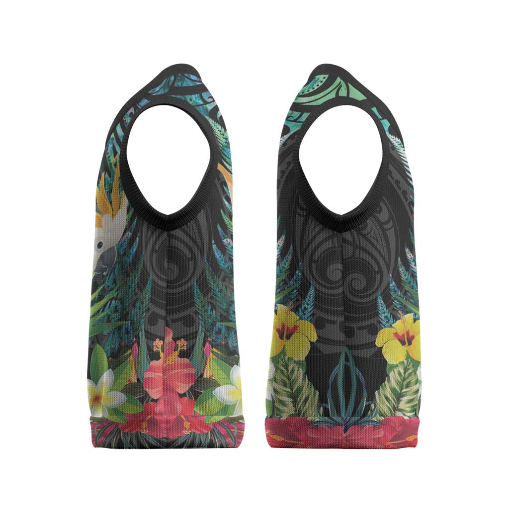 Sulphur-crested Cockatoo New Zealand Christmas Knitted V-Neck Vest Paua Shell Aotearoa Maori Tropical Flowers - Polynesian Pride