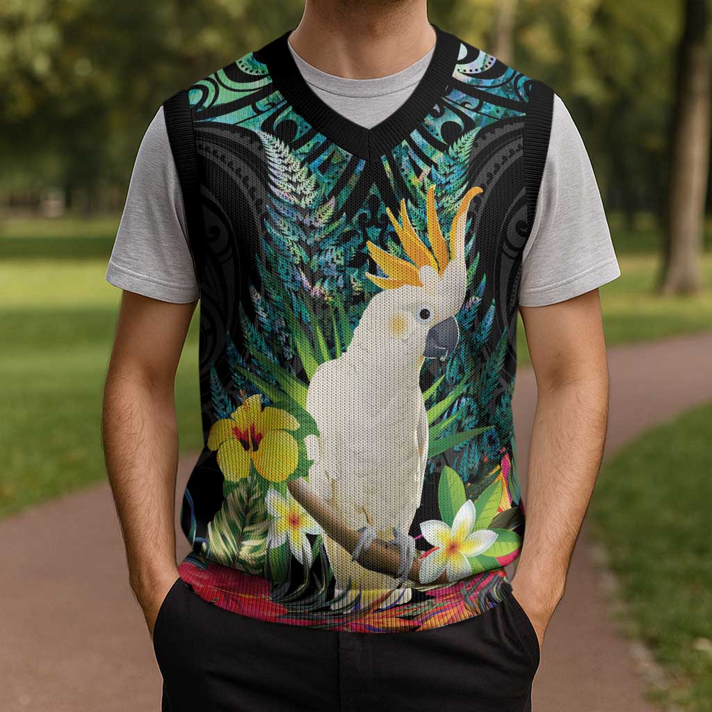 Sulphur-crested Cockatoo New Zealand Christmas Knitted V-Neck Vest Paua Shell Aotearoa Maori Tropical Flowers - Polynesian Pride