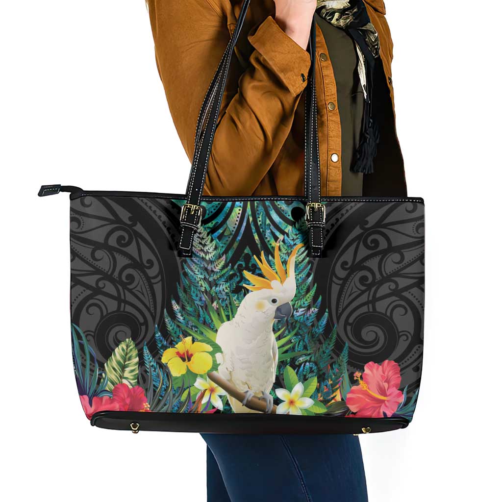 Sulphur-crested Cockatoo New Zealand Leather Tote Bag Paua Shell Aotearoa Maori Tropical Flowers - Polynesian Pride