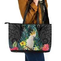 Sulphur-crested Cockatoo New Zealand Leather Tote Bag Paua Shell Aotearoa Maori Tropical Flowers - Polynesian Pride