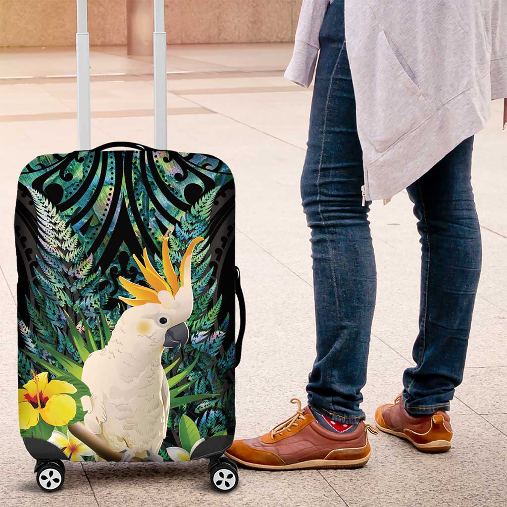 Sulphur-crested Cockatoo New Zealand Luggage Cover Paua Shell Aotearoa Maori Tropical Flowers - Polynesian Pride