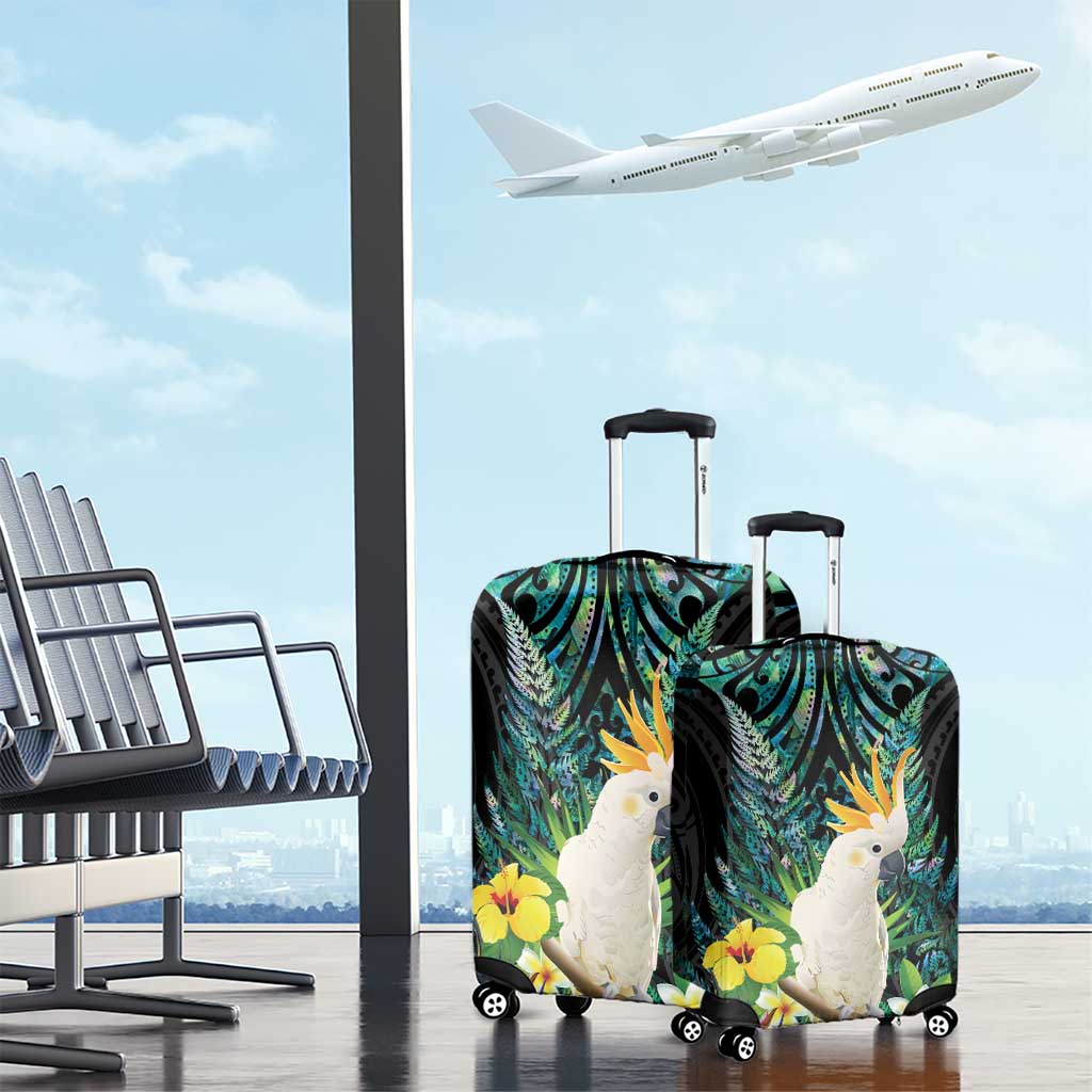 Sulphur-crested Cockatoo New Zealand Luggage Cover Paua Shell Aotearoa Maori Tropical Flowers - Polynesian Pride