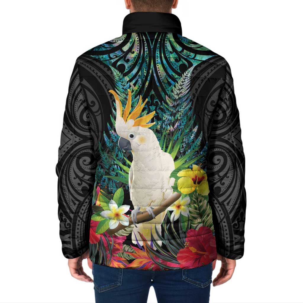 Sulphur-crested Cockatoo New Zealand Padded Jacket Paua Shell Aotearoa Maori Tropical Flowers - Polynesian Pride