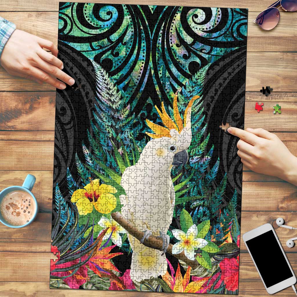 Sulphur-crested Cockatoo New Zealand Puzzle Paua Shell Aotearoa Maori Tropical Flowers - Polynesian Pride