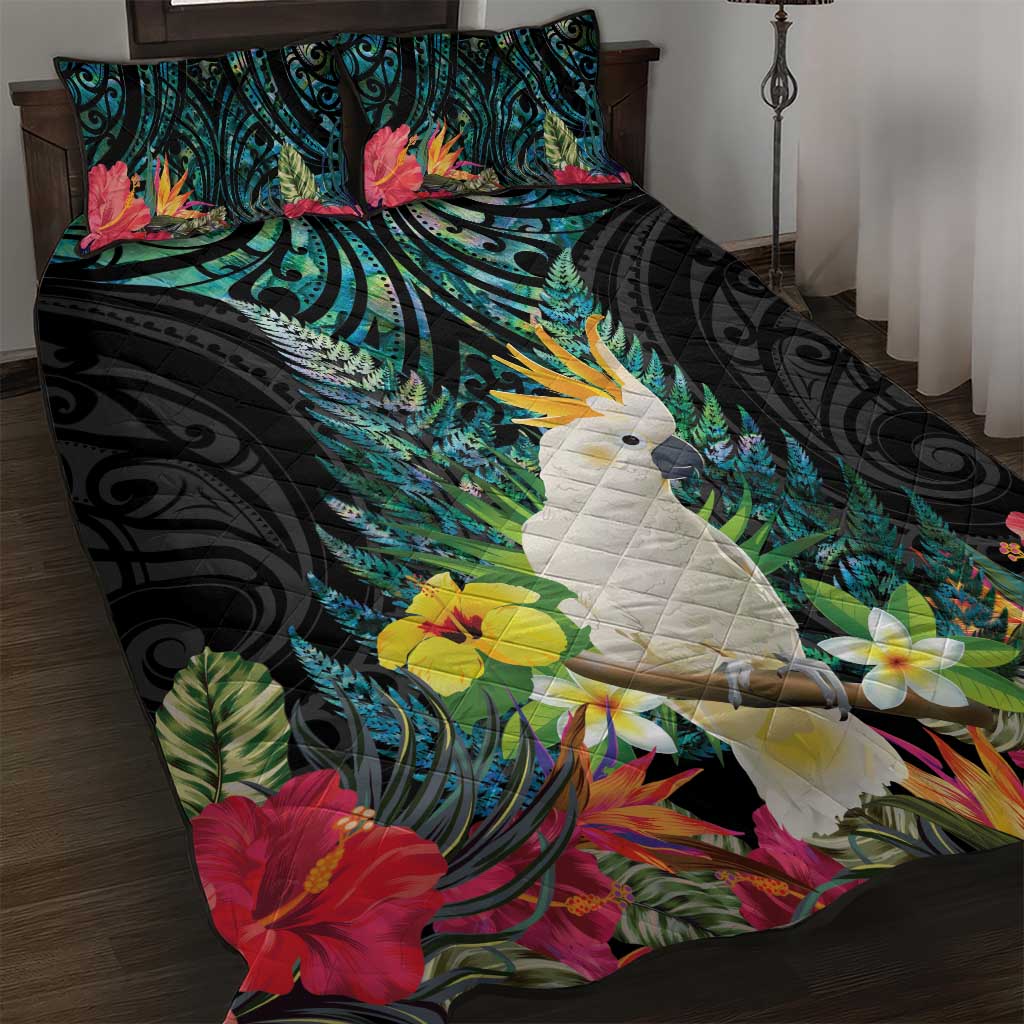 Sulphur-crested Cockatoo New Zealand Quilt Bed Set Paua Shell Aotearoa Maori Tropical Flowers - Polynesian Pride