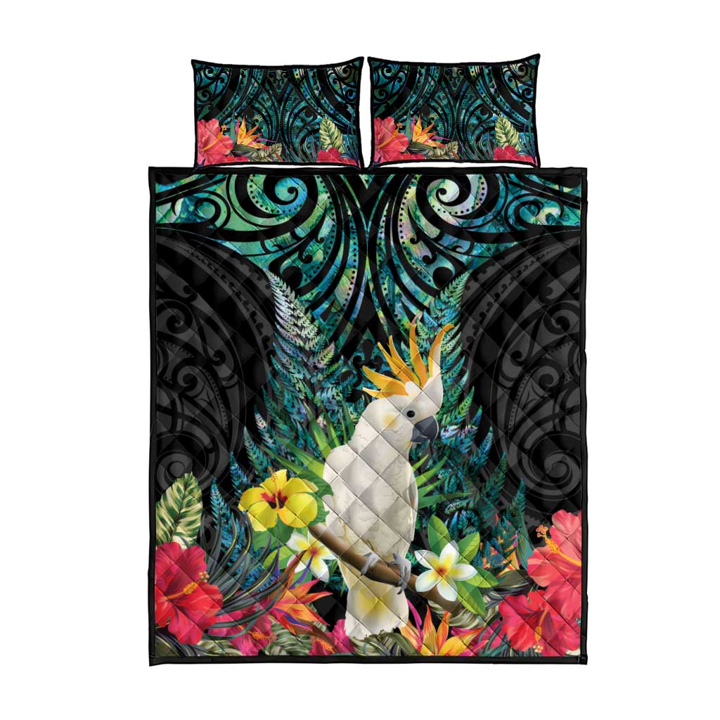 Sulphur-crested Cockatoo New Zealand Quilt Bed Set Paua Shell Aotearoa Maori Tropical Flowers - Polynesian Pride