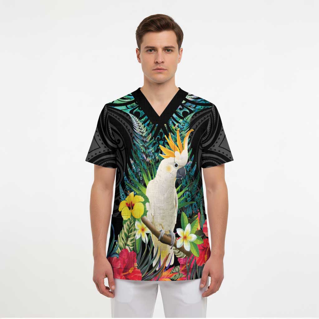 Sulphur-crested Cockatoo New Zealand Scrub Top Paua Shell Aotearoa Maori Tropical Flowers - Polynesian Pride