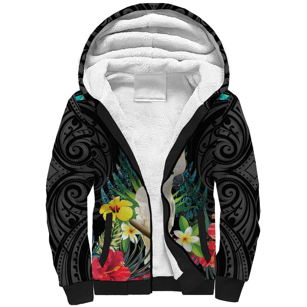 Sulphur-crested Cockatoo New Zealand Sherpa Hoodie Paua Shell Aotearoa Maori Tropical Flowers - Polynesian Pride