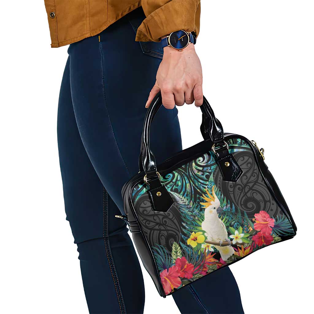 Sulphur-crested Cockatoo New Zealand Shoulder Handbag Paua Shell Aotearoa Maori Tropical Flowers - Polynesian Pride