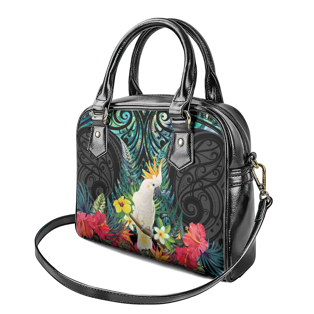 Sulphur-crested Cockatoo New Zealand Shoulder Handbag Paua Shell Aotearoa Maori Tropical Flowers - Polynesian Pride