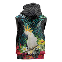Sulphur-crested Cockatoo New Zealand Sleeveless Zip Hoodie Paua Shell Aotearoa Maori Tropical Flowers - Polynesian Pride