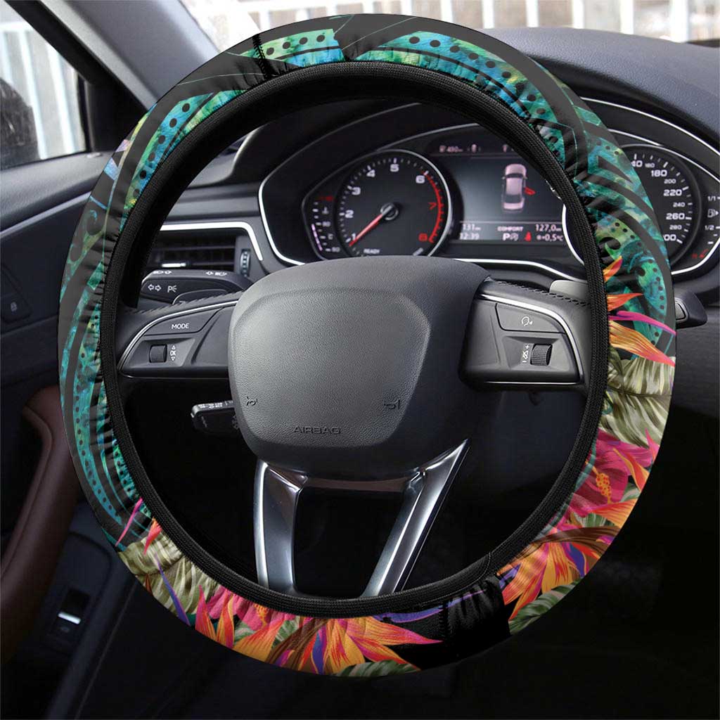 Sulphur-crested Cockatoo New Zealand Steering Wheel Cover Paua Shell Aotearoa Maori Tropical Flowers - Polynesian Pride