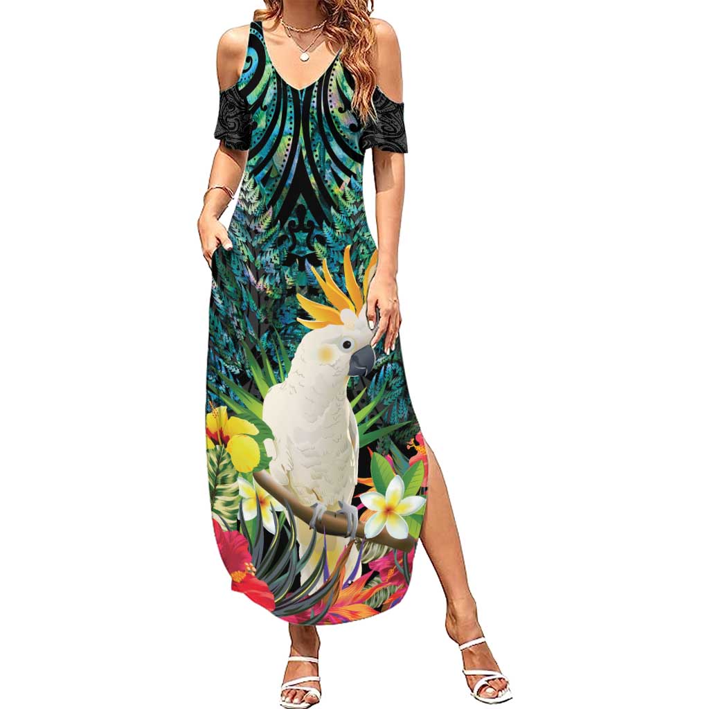Sulphur-crested Cockatoo New Zealand Summer Maxi Dress Paua Shell Aotearoa Maori Tropical Flowers - Polynesian Pride