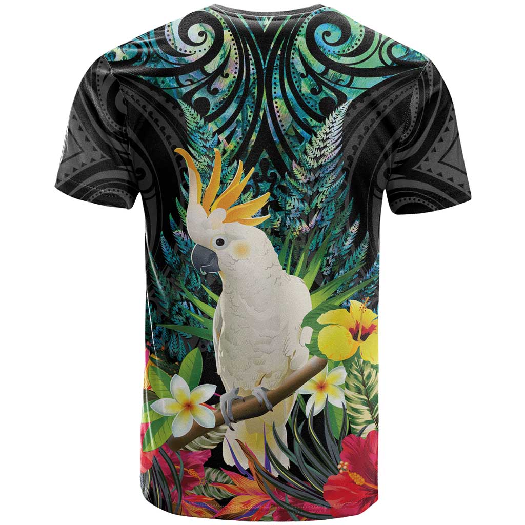 Sulphur-crested Cockatoo New Zealand T Shirt Paua Shell Aotearoa Maori Tropical Flowers - Polynesian Pride