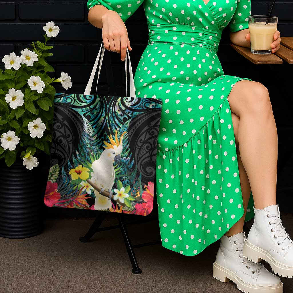 Sulphur-crested Cockatoo New Zealand Tote Bag Paua Shell Aotearoa Maori Tropical Flowers - Polynesian Pride