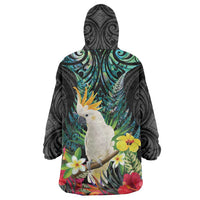 Sulphur-crested Cockatoo New Zealand Wearable Blanket Hoodie Paua Shell Aotearoa Maori Tropical Flowers - Polynesian Pride