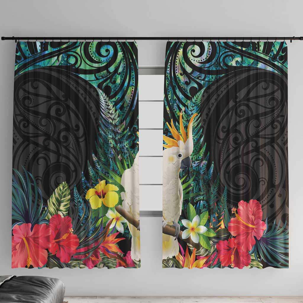 Sulphur-crested Cockatoo New Zealand Window Curtain Paua Shell Aotearoa Maori Tropical Flowers - Polynesian Pride