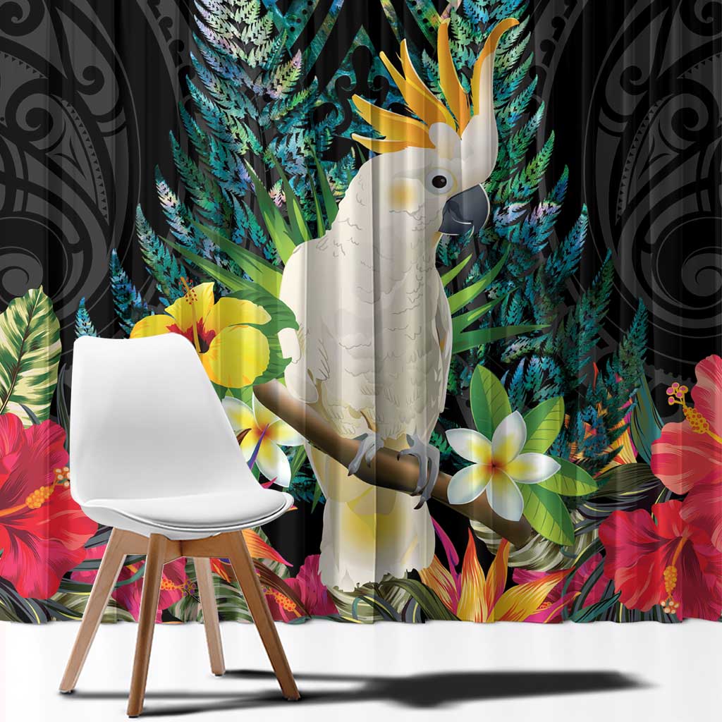 Sulphur-crested Cockatoo New Zealand Window Curtain Paua Shell Aotearoa Maori Tropical Flowers - Polynesian Pride
