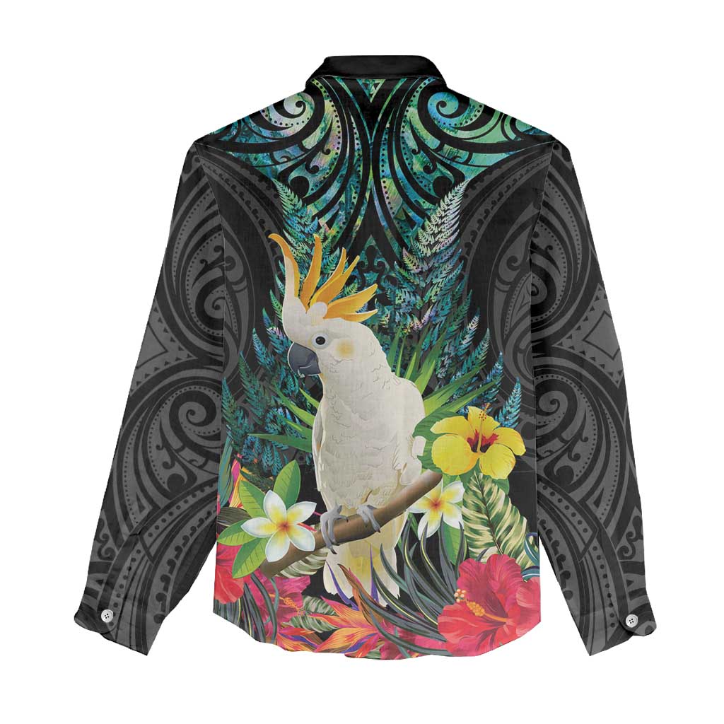 Sulphur-crested Cockatoo New Zealand Women Casual Shirt Paua Shell Aotearoa Maori Tropical Flowers - Polynesian Pride