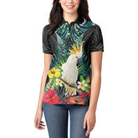 Sulphur-crested Cockatoo New Zealand Women Polo Shirt Paua Shell Aotearoa Maori Tropical Flowers - Polynesian Pride