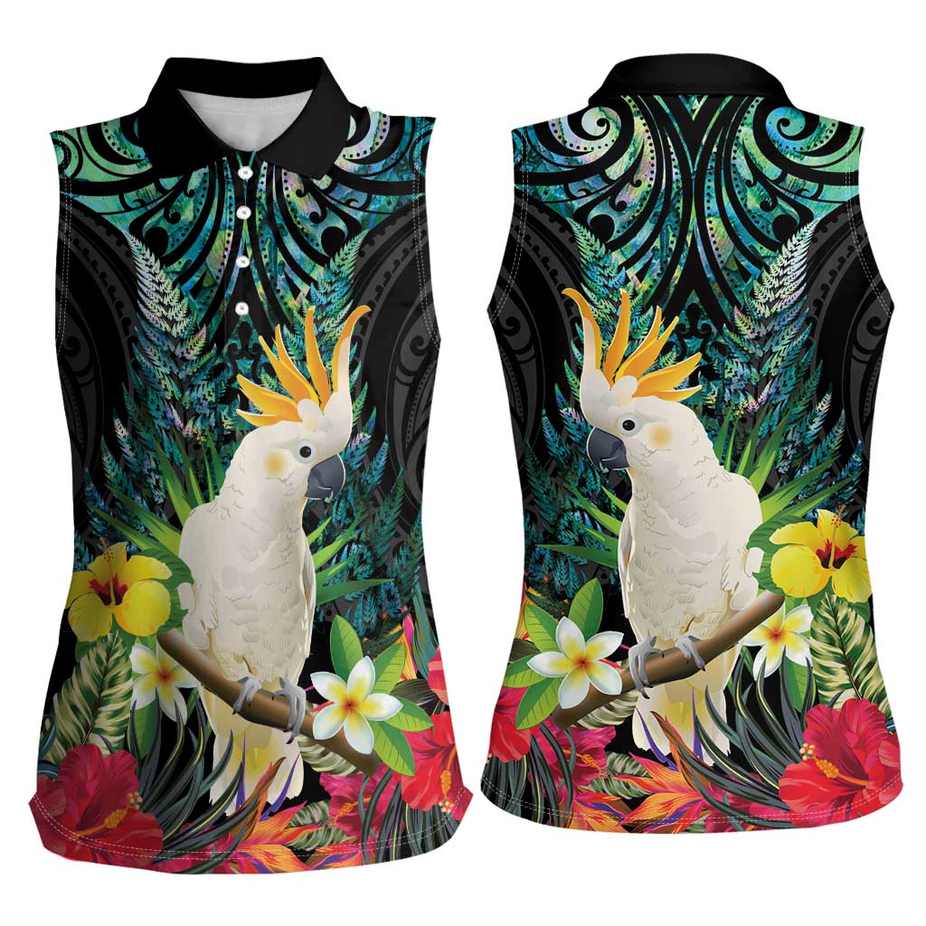 Sulphur-crested Cockatoo New Zealand Women Sleeveless Polo Shirt Paua Shell Aotearoa Maori Tropical Flowers - Polynesian Pride