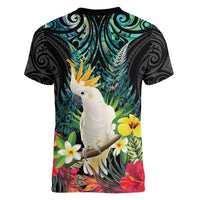 Sulphur-crested Cockatoo New Zealand Women V-Neck T-Shirt Paua Shell Aotearoa Maori Tropical Flowers - Polynesian Pride