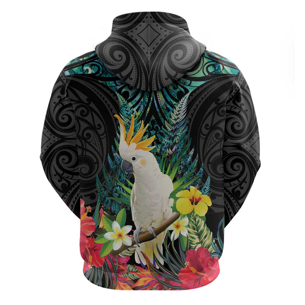Sulphur-crested Cockatoo New Zealand Zip Hoodie Paua Shell Aotearoa Maori Tropical Flowers - Polynesian Pride