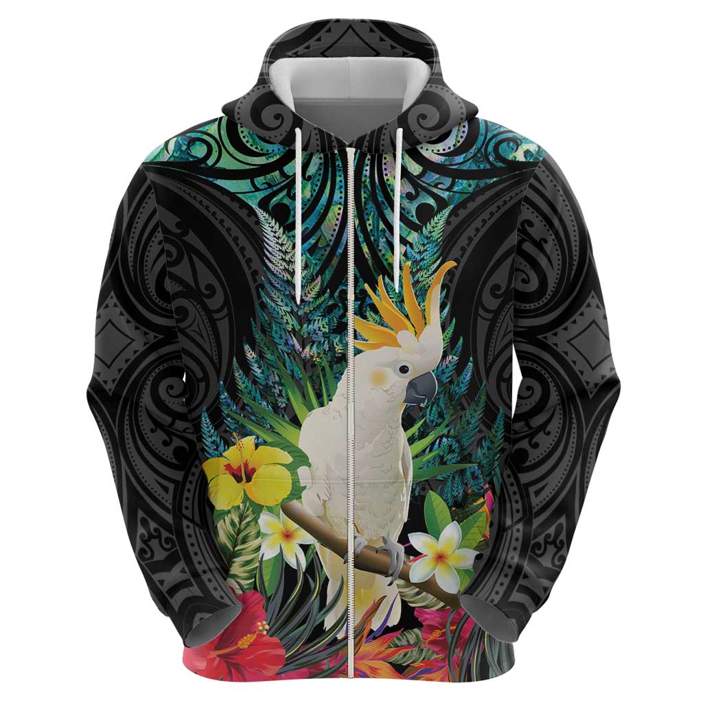 Sulphur-crested Cockatoo New Zealand Zip Hoodie Paua Shell Aotearoa Maori Tropical Flowers - Polynesian Pride