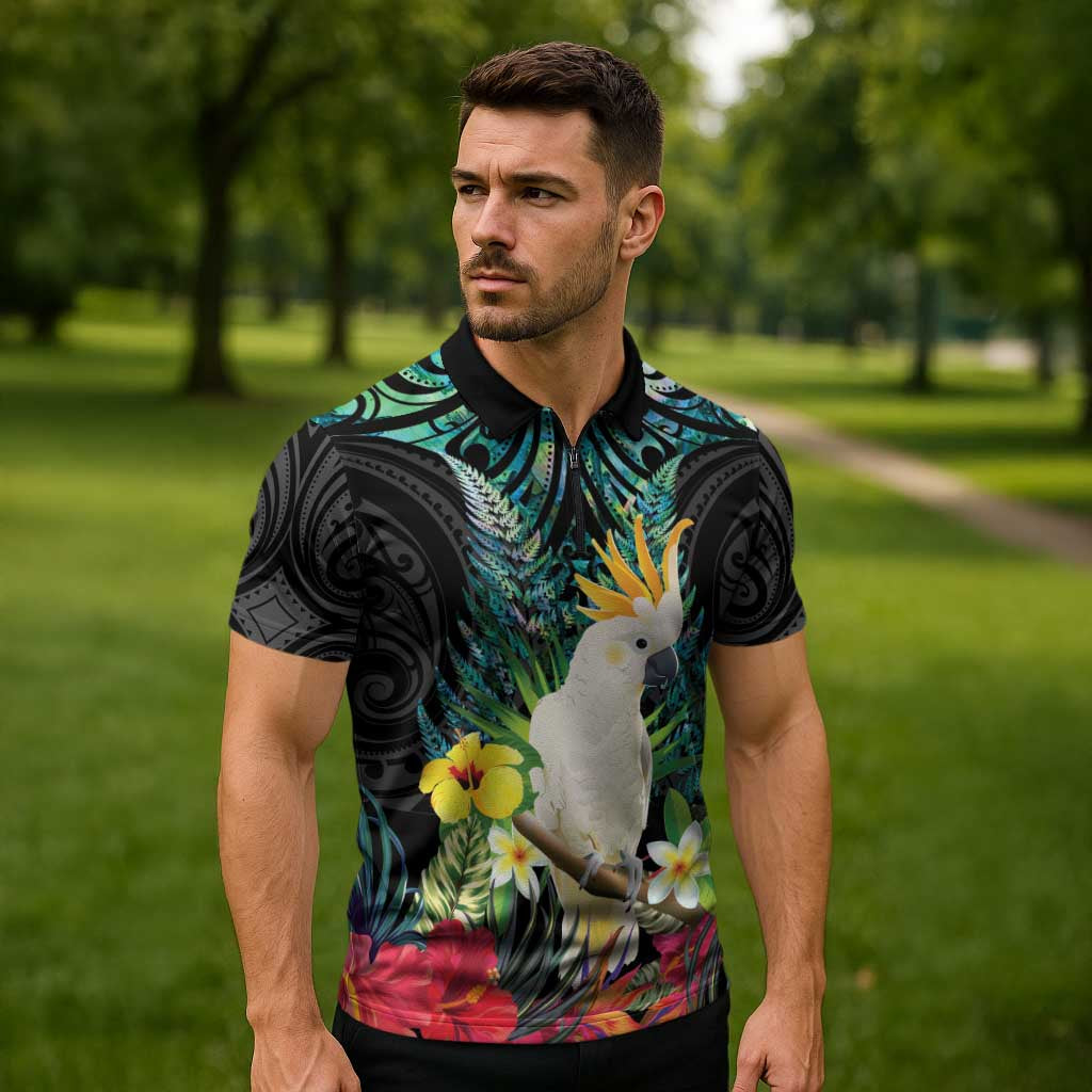 Sulphur-crested Cockatoo New Zealand Zipper Polo Shirt Paua Shell Aotearoa Maori Tropical Flowers - Polynesian Pride