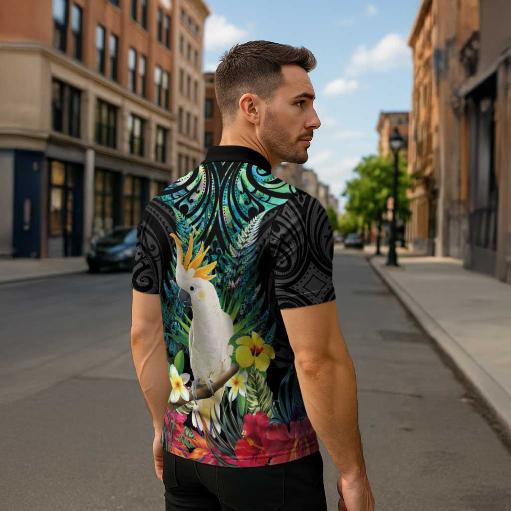 Sulphur-crested Cockatoo New Zealand Zipper Polo Shirt Paua Shell Aotearoa Maori Tropical Flowers - Polynesian Pride