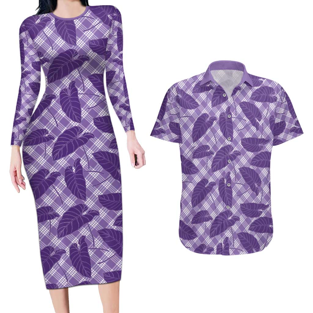 Purple Hawaii Kalo Palaka Motifs Couples Matching Long Sleeve Bodycon Dress and Hawaiian Shirt Hawaiian Taro Leaves Elegant Vibes LT14 Purple - Polynesian Pride
